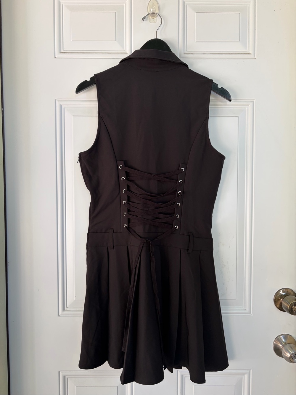 Sleeveless Black Button-Front Mini Dress with Silver Zippers - Picture 3 of 6